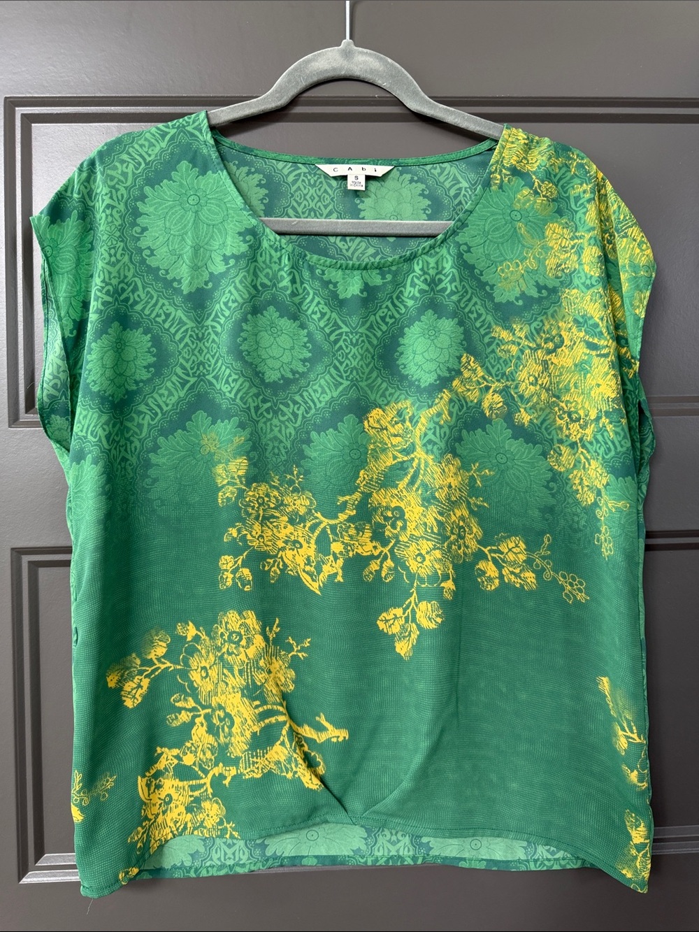 CAbi Green Scoop-Neck Blouse with Yellow Floral Print